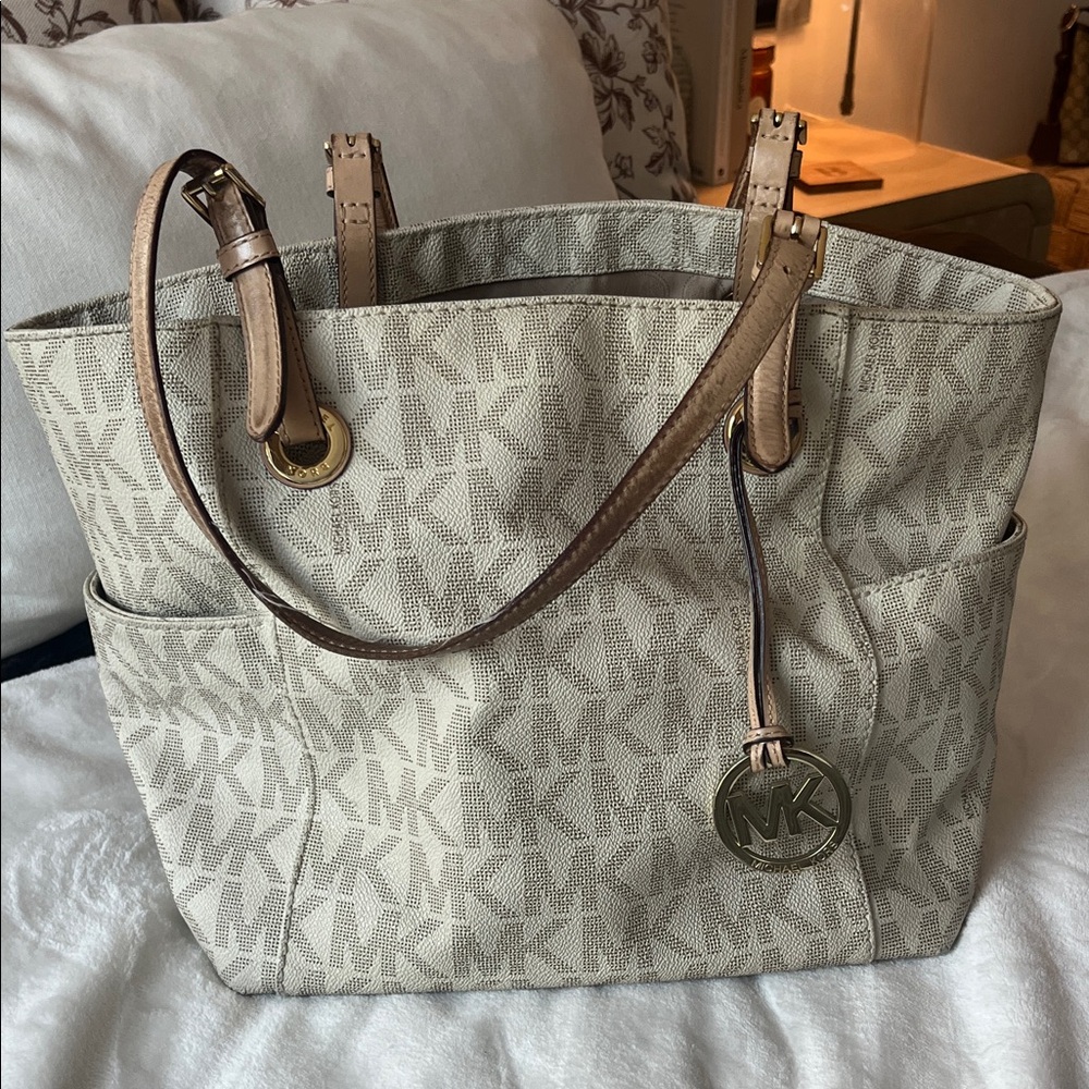 Michael Kors Beige MK Logo Tote with Tan Leather Straps